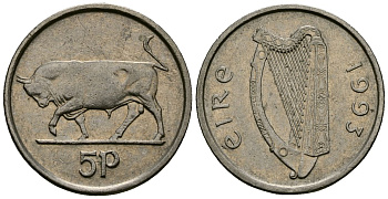 Ирландия 5 пенсов 1993 бык KM 28 медно-никель 4136-921