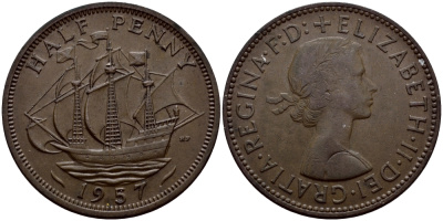 Великобритания 1/2 пенни 1957 Елизавета II (1952-2022) KM 896, Spink 4158 бронза 51-2045