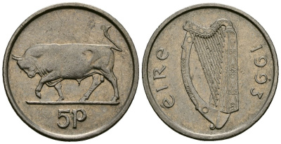 Ирландия 5 пенсов 1993 бык KM 28 медно-никель 4136-921