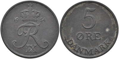 Дания 5 эре 1954 Фредерик IX (1947-1972) KM 843 цинк 4680-1043