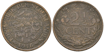 Нидерланды 2 1/2 цента 1916 Вильгельмина (1890-1948) KM 150 бронза 4582-1223