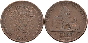 Бельгия 2 сантима 1876 Belges, Леопольд II (1865-1909) KM 35.1 медь 4595-221