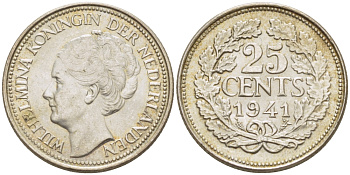 Нидерланды 25 центов 1941 Вильгельмина (1890-1948) KM 164 серебро aUNC 66-1149