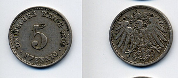 ГЕРМАНИЯ 5 ПФЕННИГОВ 1909 D, KM 11, J. 12 медно-никель 76-244