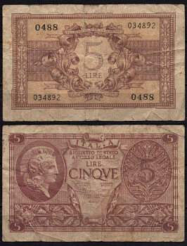 Италия 5 лир 1944 Pick 31 b бумага 2195-23-3-2