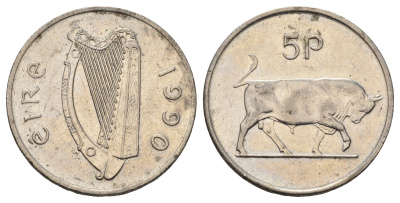 Ирландия 5 пенсов 1990 бык KM 22 медно-никель UNC 4666-1042