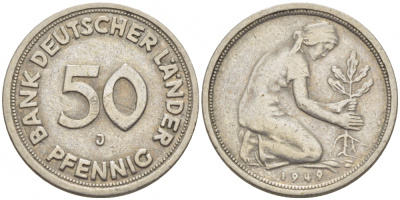 ФРГ 50 пфеннигов 1949 J KM 104, J. 379 медно-никель 112-949