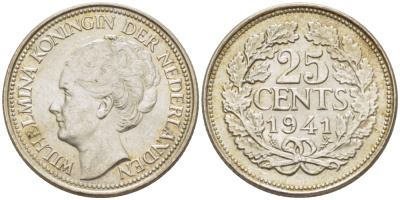 Нидерланды 25 центов 1941 Вильгельмина (1890-1948) KM 164 серебро aUNC 66-1149