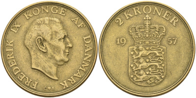 Дания 2 кроны 1957 Фредерик IX (1947-1972) KM 838 алюминиевая бронза 4578-322