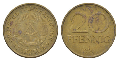 ГДР 20 пфеннигов 1969 A, первый год KM 11 латунь 4538-543
