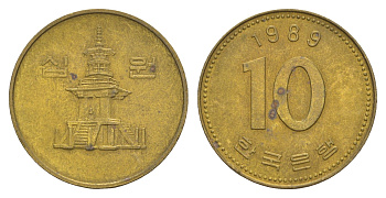 Южная Корея 10 вон 1989 пагода дворца Пул Гук KM 33.1 латунь 4654-323