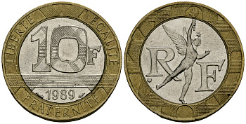 Франция 10 франков 1989 тип гений Бастилии KM 964.1, Le Franc 375.3 биметалл 4135-534