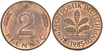 ФРГ 2 пфеннига 1985 F KM 106a, J.381 сталь плакированная медью 4115-648