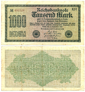 ГЕРМАНИЯ 1000 МАРОК 1922 15 СЕНТЯБРЯ 1922, ВОДЯНОЙ ЗНАК F, БЕЛАЯ БУМАГА Pick 76с бумага 7146-5-1