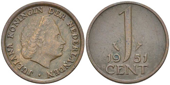 Нидерланды 1 цент 1951 Юлиана (1948-1980) КМ 180 бронза 214-1024