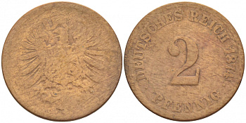 ГЕРМАНИЯ 2 ПФЕННИГА 1874 СТАРОГЕРБОВКА KM 2, J.2 медь 4396-1547