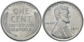 США 1 цент 1943 Авраам Линкольн KM 132 a сталь покрытая цинком aUNC 112-863