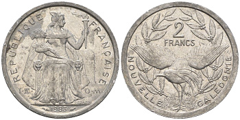 Французская Новая Каледония 2 франка 1983 птица кагу, (IEOM) KM 14, Schoen 11, Lec 63 алюминий    08-1114