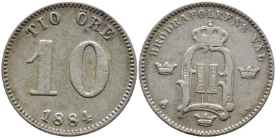 Швеция 10 эре 1884 EB, Оскар II (1872-1907) король Швеции и Норвегии KM 755 серебро 1530-542