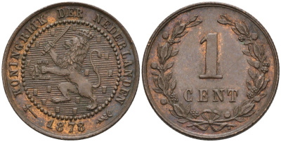 Нидерланды 1 цент 1878 Виллем III (1849-1890) KM 107 бронза 4576-549