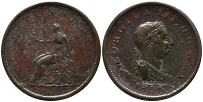 Великобритания 1/2 пенни 1806 Георг III (1760-1820) KM 662, Spink 3781 медь 1518-911