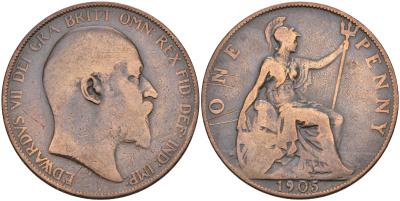 Великобритания 1 пенни 1905 Эдуард VII (1901-1910) KM 794.2, Spink 3990 бронза 4590-1141
