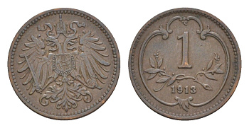 Австрия 1 геллер 1913 Франц Иосиф I (1848-1916) KM 2800 бронза 4639-962