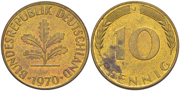 ФРГ 10 ПФЕННИГОВ 1970 J KM 108, J. 383 сталь плакированная латунью 219-437