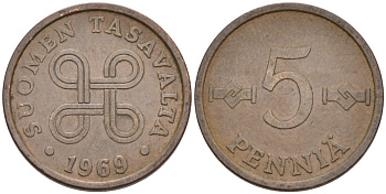 ФИНЛЯНДИЯ 5 ПЕННИ 1969 KM 45 медь 4528-1219