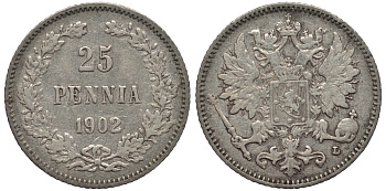 РОССИЯ ДЛЯ ФИНЛЯНДИИ 25 ПЕННИ 1902 L, НИКОЛАЙ II KM 6.2, Биткин 413 серебро 443-833