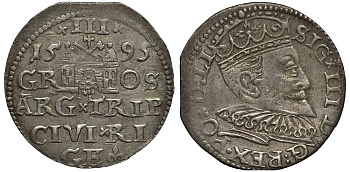 Латвия, Рига 3 ГРОША (ТРОЯК) 1595 GE, СИГИЗМУНД III (1587-1632), ВЕС 2,26 ГР. серебро 413-2444