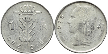 Бельгия 1 франк 1975 Belgie, Бодуэн I (1951-1993) KM 143.1 медно-никель 4382-1051