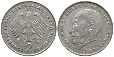 ФРГ 2 МАРКИ 1971 F, КОНРАД АДЕНАУЭР KM 124, J. 406 медно-никель плакированный никелем 47-811