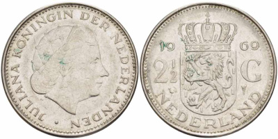 Нидерланды 2 1/2 гульдена 1969 Юлиана (1948-1980) KM 191 никель 38-542