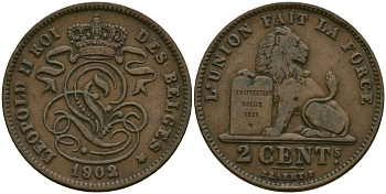 Бельгия 2 сантима 1902 Belges KM 35 медь 4135-951