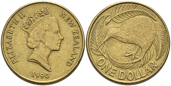 Новая Зеландия 1 доллар 1990 Елизавета II (1952-2022), птица киви KM 78 алюминиевая бронза 29-416