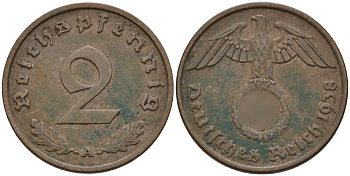 Германия 2 рейхспфеннига 1938 A KM 90, J. 362 бронза 4147-1259