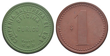 Чили, Курико (Curico), Антофагаста шахтерский жетон с Селитряного рудника для покупки в местных магазинах, номиналом в 1 песо 1880-1920 диаметр 41 мм, вес 5,69 гр Espinosa 86.4 эбонит (зеленый и красный) 1094-11-64