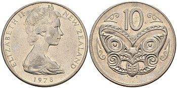 Новая Зеландия 10 центов 1978 Елизавета II (1952-2022), маска маори KM 41.1 медно-никель 4603-254
