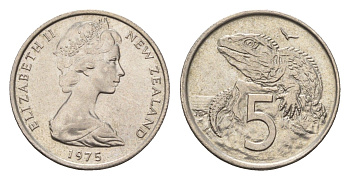 Новая Зеландия 5 центов 1975 Елизавета II (1952-2022), ящерица гаттерия KM 34 медно-никель UNC 4655-254