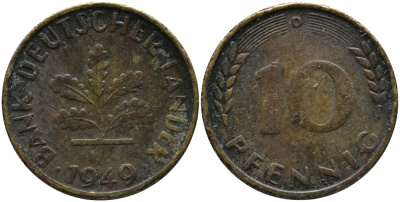 ФРГ 10 ПФЕННИГОВ 1949 D KM 103, J.378 сталь плакированная латунью 98-352
