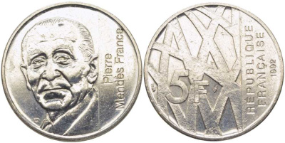 Франция 5 франков 1992 Пьер Мендес-Франс KM 1006, LE FRANC 343.2 медно-никель 111-1211