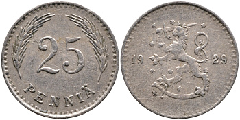 ФИНЛЯНДИЯ 25 ПЕННИ 1929 S KM 25 медно-никель 4387-466