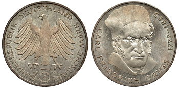 ФРГ 5 марок 1977 J, 200 лет со дня рождения Карла ФРИДРИХА ГАУССА KM 145, J.420 серебро UNC 3855-925