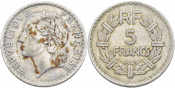 Франция 5 франков 1949 тип Лаврийе KM 888b.1, LE FRANC 339.17 алюминий 4403-313