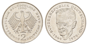 ФРГ 2 марки 1990 F, Курт Шумахер KM 149, J. 424 медно-никель 3459-1014
