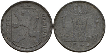 Бельгия 1 франк 1945 Belgie - Belgique, Леопольд III (1934-1947), германская оккупация, Вторая мировая война KM 128 цинк 4161-546