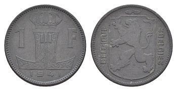 Бельгия 1 франк 1941 Belgie - Belgique, Леопольд III (1934-1947), германская оккупация, Вторая мировая война KM 127 цинк 4636-147
