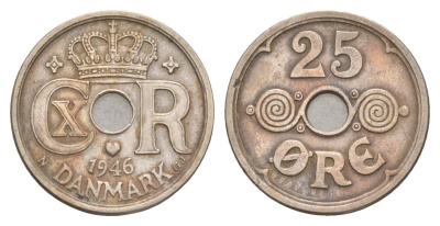 Дания 25 эре 1946 N, Кристиан X (1912-1947) KM 823 медно-никель 4654-732