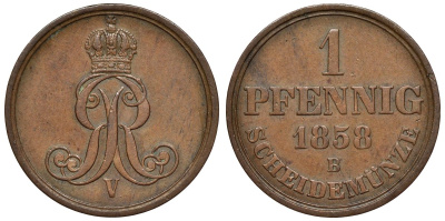 Ганновер 1 пфенниг 1858 B, Георг V KM 233, AKS 156, J. 90 медь 4594-534